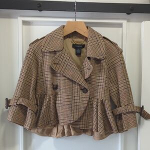 Arden B Tan and Brown Plaid Double Breasted Cropped Trench Coat Size XS